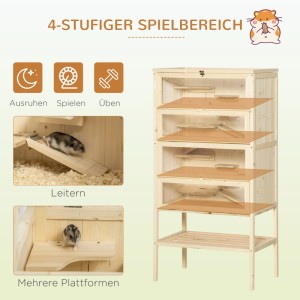 PawHut Nagerstall aus Naturholz mit 5 Etagen, Rampen und Gitterdach. Ideal für Hamster und Kleintiere.