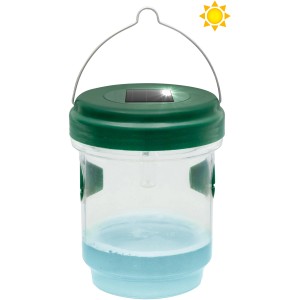 Gardigo Solar-Insektenfalle: Transparenter Behälter mit grünem Deckel und Solarpanel.