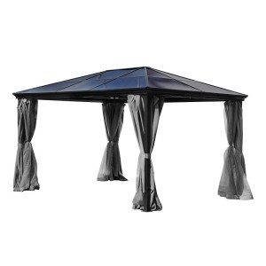 Anthrazitfarbener Jet-Line Gartenpavillon Taneo 3x4m mit festem Dach, Vorhängen und Moskitonetzen.