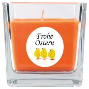 HS Candle Duftkerze Frohe Ostern im Glas, viereckig, Honigmelone Duft mit Küken Motiv.