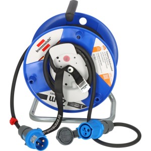 Brennenstuhl Camping-Kabeltrommel mit 25m H07RN-F Kabel, CEE Stecker und Kupplung, auf blau-weißer Trommel.