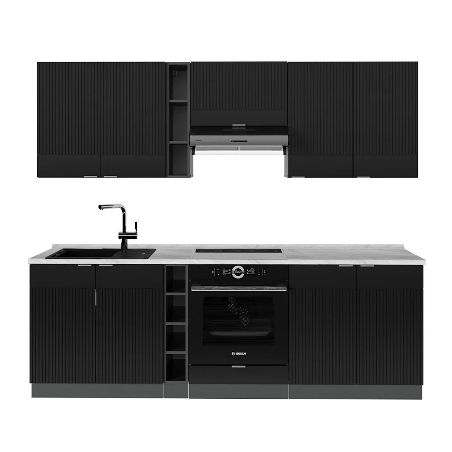Vicco Fame-Line Küchenzeile Schwarz gestreift/Anthrazit 235 cm AP Marmor ohne E-Geräte