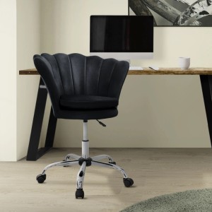 Schwarzer ML-Design Drehstuhl aus Samt, höhenverstellbar mit 5 Rollen vor Schreibtisch.