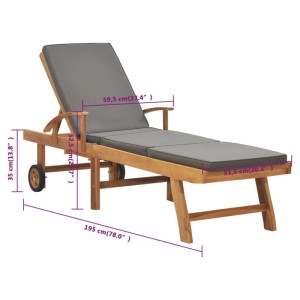 Sonnenliege aus Teakholz mit dunkelgrauer Auflage. Verstellbare Rückenlehne und Fußteil. Ideal für Garten und Terrasse.