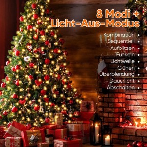 SALCAR Christbaumbeleuchtung mit 280 warmweißen LEDs an 8 Girlanden, dekoriert an einem Weihnachtsbaum mit roten Kugeln und Geschenken. Ideal für innen & außen.