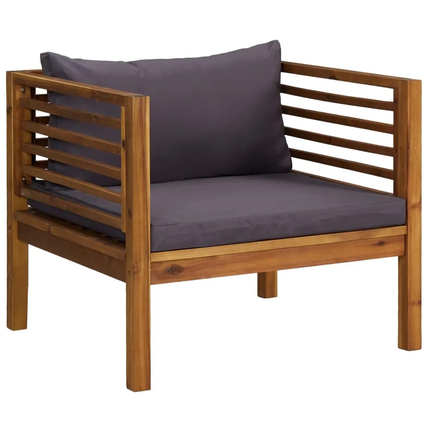 Akazienholz Sessel mit grauen Auflagen, Teil des vidaXL Garten Lounge Sets.