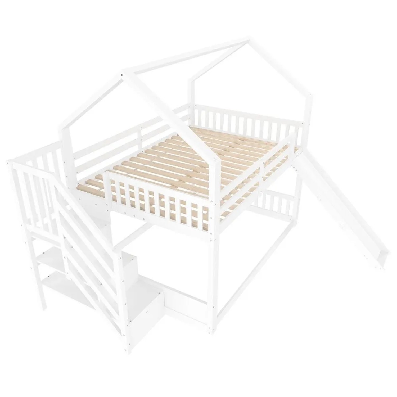 KOMHTOM Etagenbett 140 x 200 Cm  Kinder-Kabinenbett Mit Treppe  Stauraum  Schutzgeländer Und Rutsche  Kiefernholz  Weiß  Matratze Nicht Enthalten