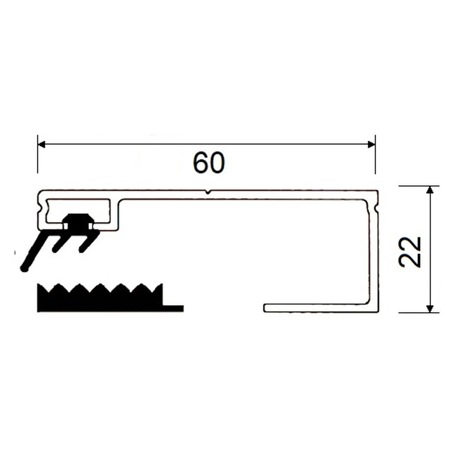 T&J Universalsystem 60-Randoberprofil, Schemazeichnung mit Maßen für 8/10 mm Platten.