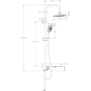 Technische Zeichnung: Schütte Aquastar Überkopf-Brauseset mit seitlichem Umsteller, Chrom-Anthrazit.
