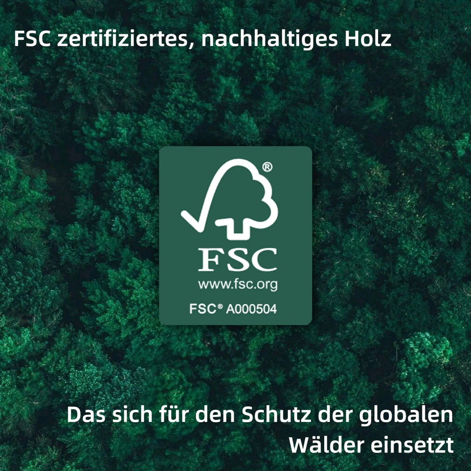 FSC Logo auf einem Bild von Baumkronen. FSC zertifiziertes Holz für Schreibtische.