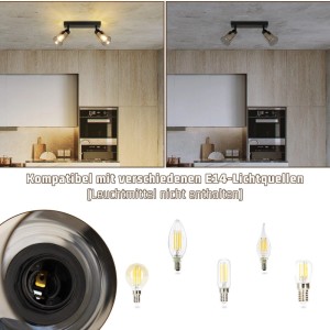 Schwarze NETTLIFE Deckenleuchte mit zwei drehbaren Glas-Spots in Küche. Zeigt E14-Fassung und kompatible Leuchtmittel.