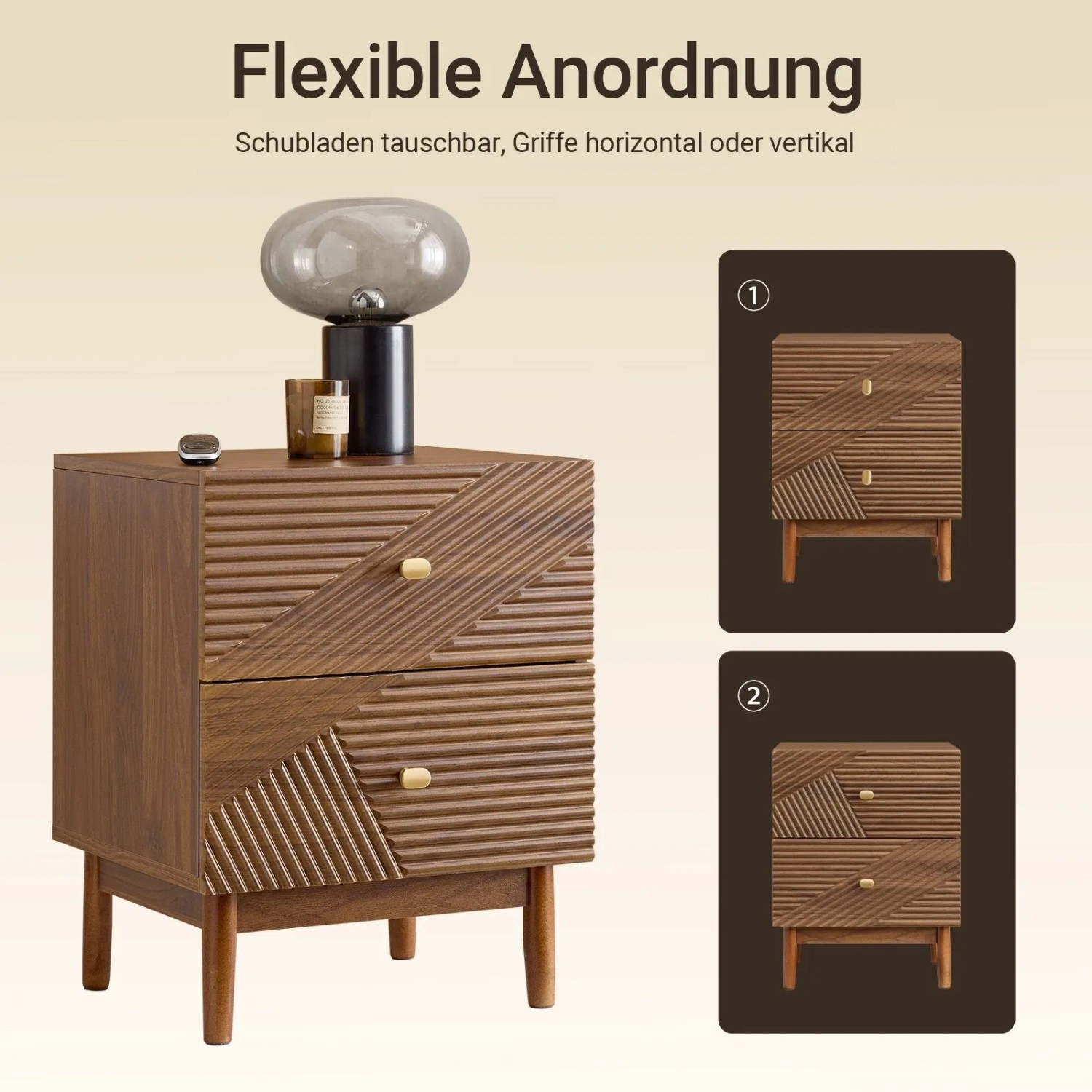Brauner Vintage Nachttisch mit 2 Schubladen, strukturierten Fronten und goldenen Griffen. Flexible Anordnung der Schubladen.