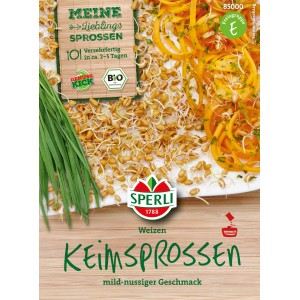 Sperli Bio-Keimsprossen Weizen: Packung mit Weizensprossen und Rezeptvorschlag.