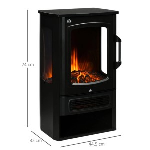 Schwarzer HOMCOM Elektrokamin mit realistischen LED-Flammen, Glasfenstern und Heizfunktion. Kompakter Standkamin, 74 cm hoch.