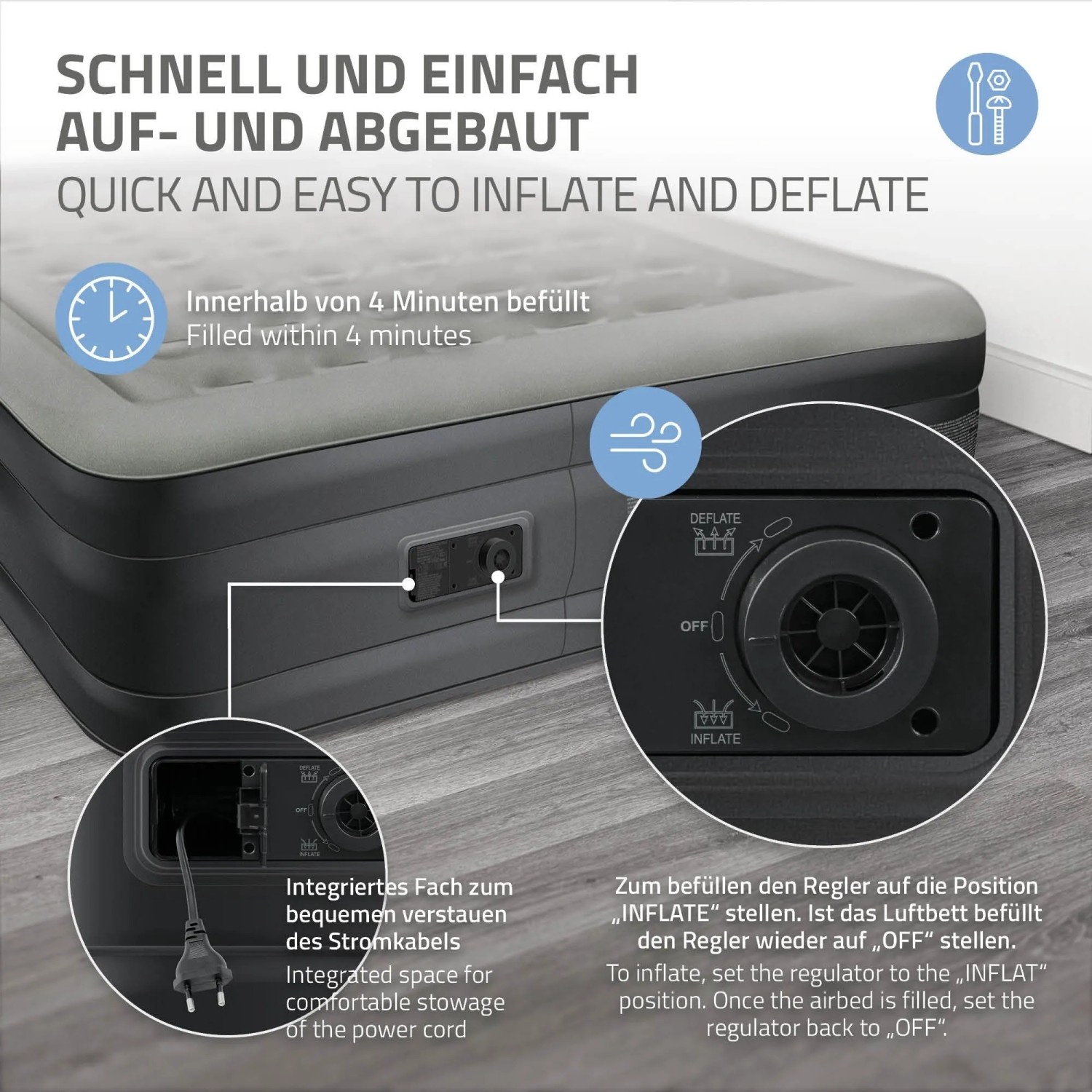 ML-Design Luftbett, grau, mit integrierter Pumpe und Kabelfach. Schnelles Aufpumpen in 4 Minuten für 2 Personen.