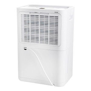 Weißer Emerio Luftentfeuchter 12 l mit digitalem Display und Wasserstandsanzeige.