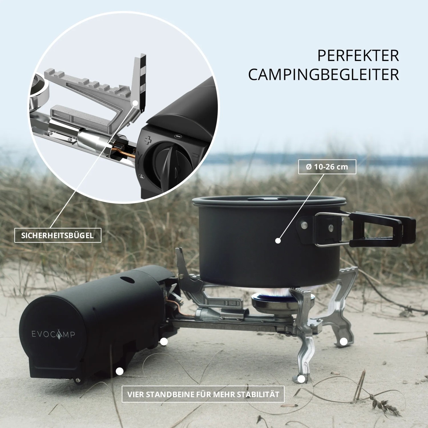 Evocamp Gaskocher BRS-99 mit Topf auf vierbeinigen Ständer, Detailaufnahme Sicherheitsbügel.