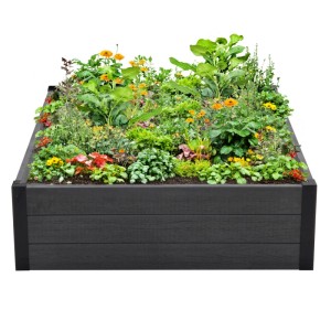 Quadratisches Hochbeet anthrazit in Holzoptik, 100x100 cm, mit bunten Blumen und grünen Pflanzen im Garten.