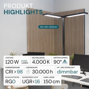 LUXULA LED Bürostehleuchte 120W 8500lm Stehlampe Up- Downlight UGR16 Augenschonend CRI98 Dimmbare Doppelkopf Stehleuchte Schwarz
