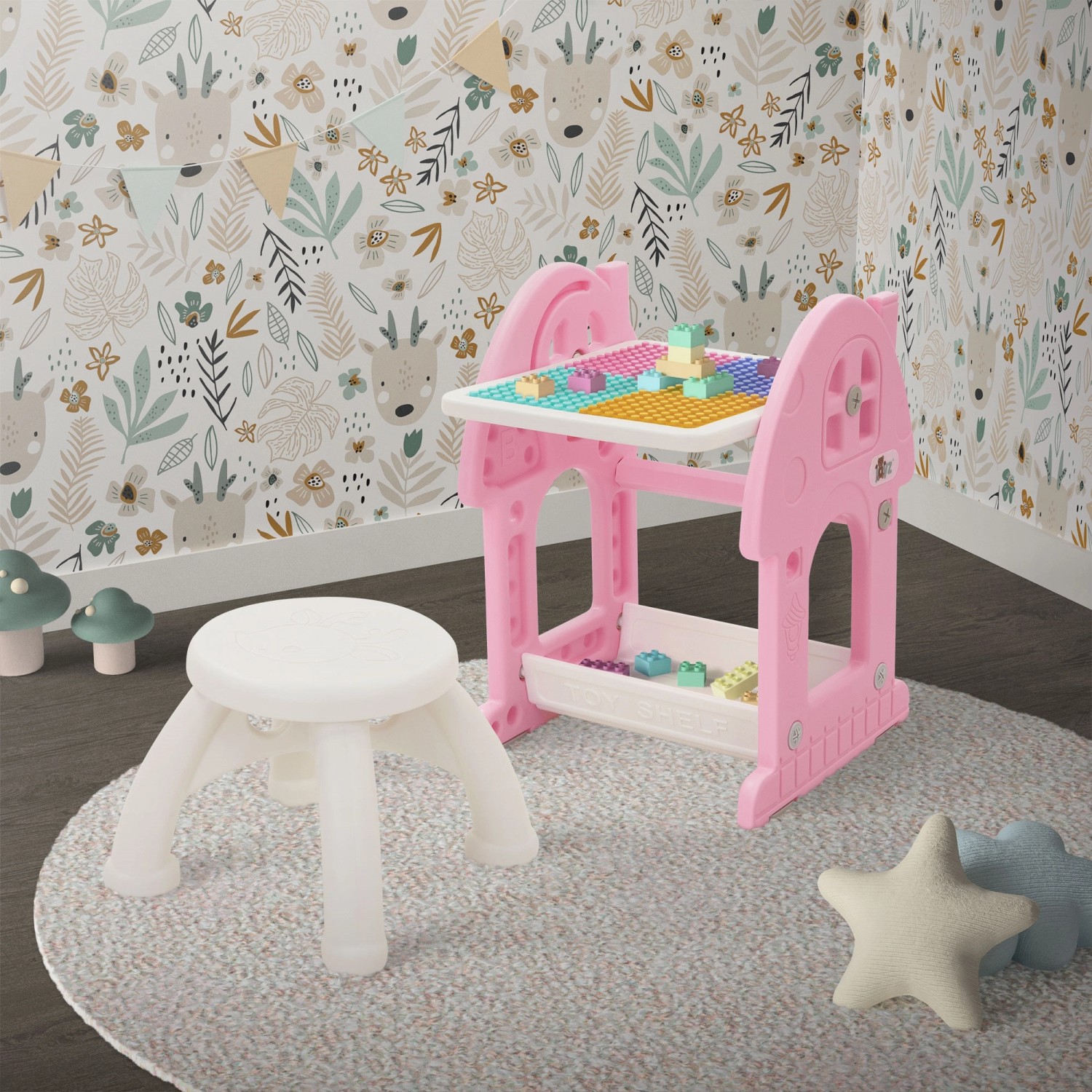 Joyz 2in1 Spieltisch mit Hocker, rosa/weiß. Kindertisch als Maltisch oder Bausteintisch nutzbar.
