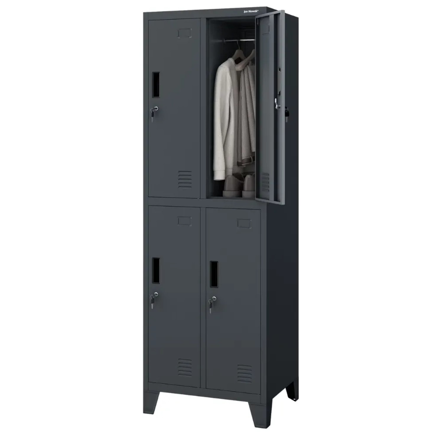 JAN NOWAK Umkleideschrank Spind BARTEK 4 Abteile Etikettenhalter Lüftungsschlitze Umkleidespind Schließfachschrank 172x55,9x45cm Anthrazit