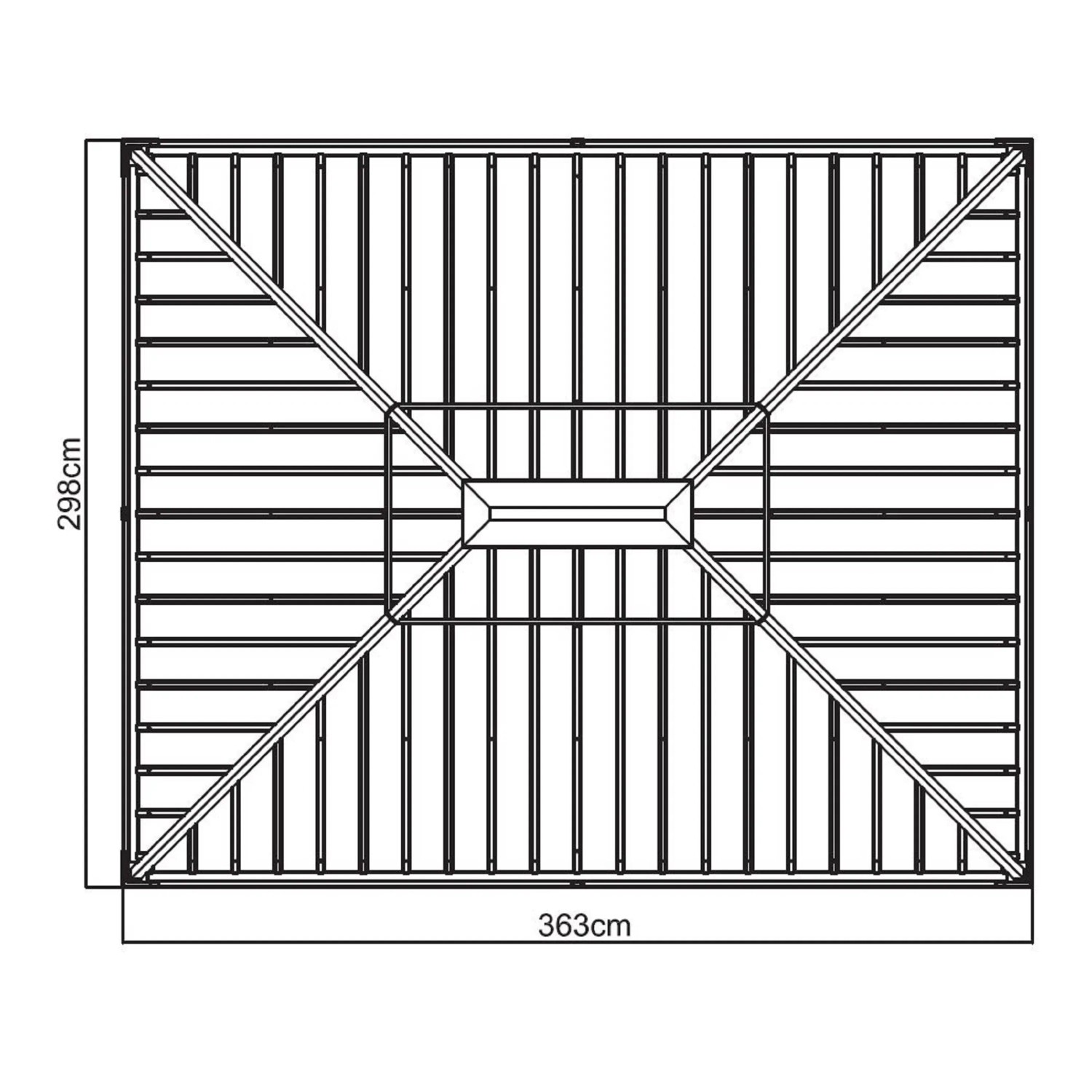 Draufsicht Sojag Aluminium Pavillon Messina 10 x 12 Champagner mit Maßangaben 298 x 363 cm.