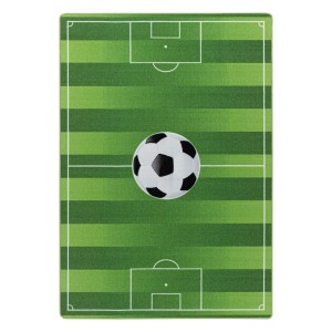 Grüner Kinderteppich "Play" im Fußballfeld-Design mit Ball. Robust, pflegeleicht, für Kinderzimmer.