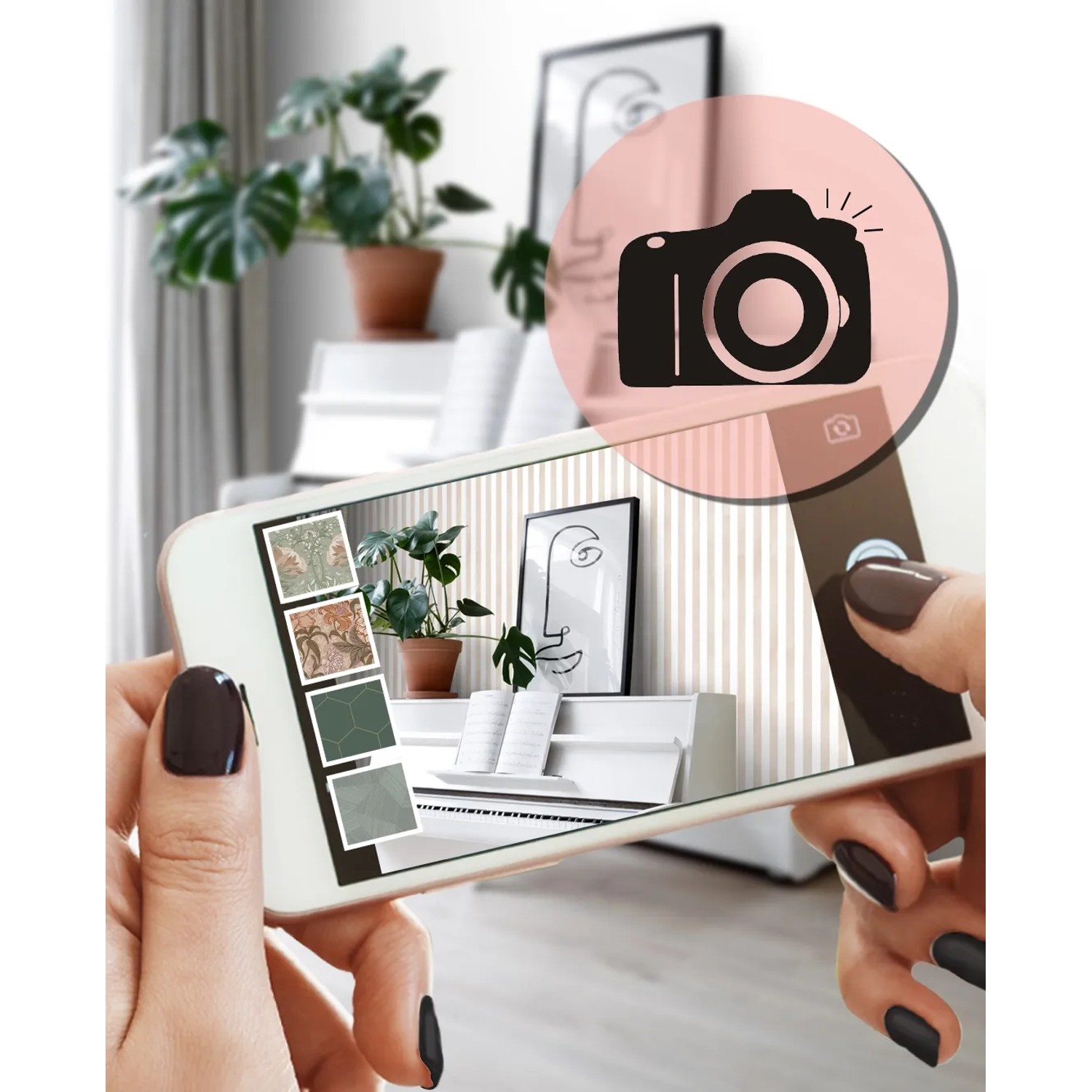 Hände halten Smartphone mit AR-Ansicht: ESTAhome Tapete Streifenmuster Beige und Weiß an Wand. Dekorative Vliestapete visualisieren.