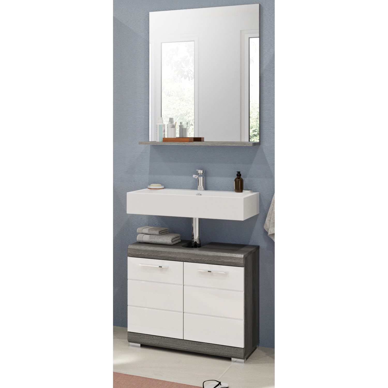 Inn.Furn Badmöbel-Set 2-teilig 60 cm Weiß Hochglanz Grau Shawn günstig online kaufen