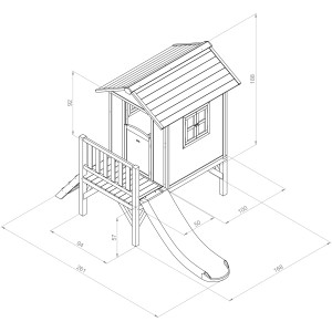 Skizze: Sunny Spielhaus Lodge XL mit Rutsche, Maße 189x261x168 cm, für Kinder zum Spielen im Garten.