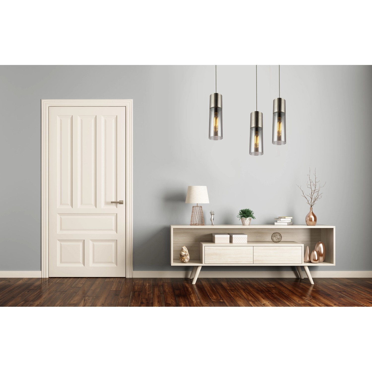 Globo Pendelleuchte Annika, Nickel matt, Rauchglas, 3-flammig über Sideboard.