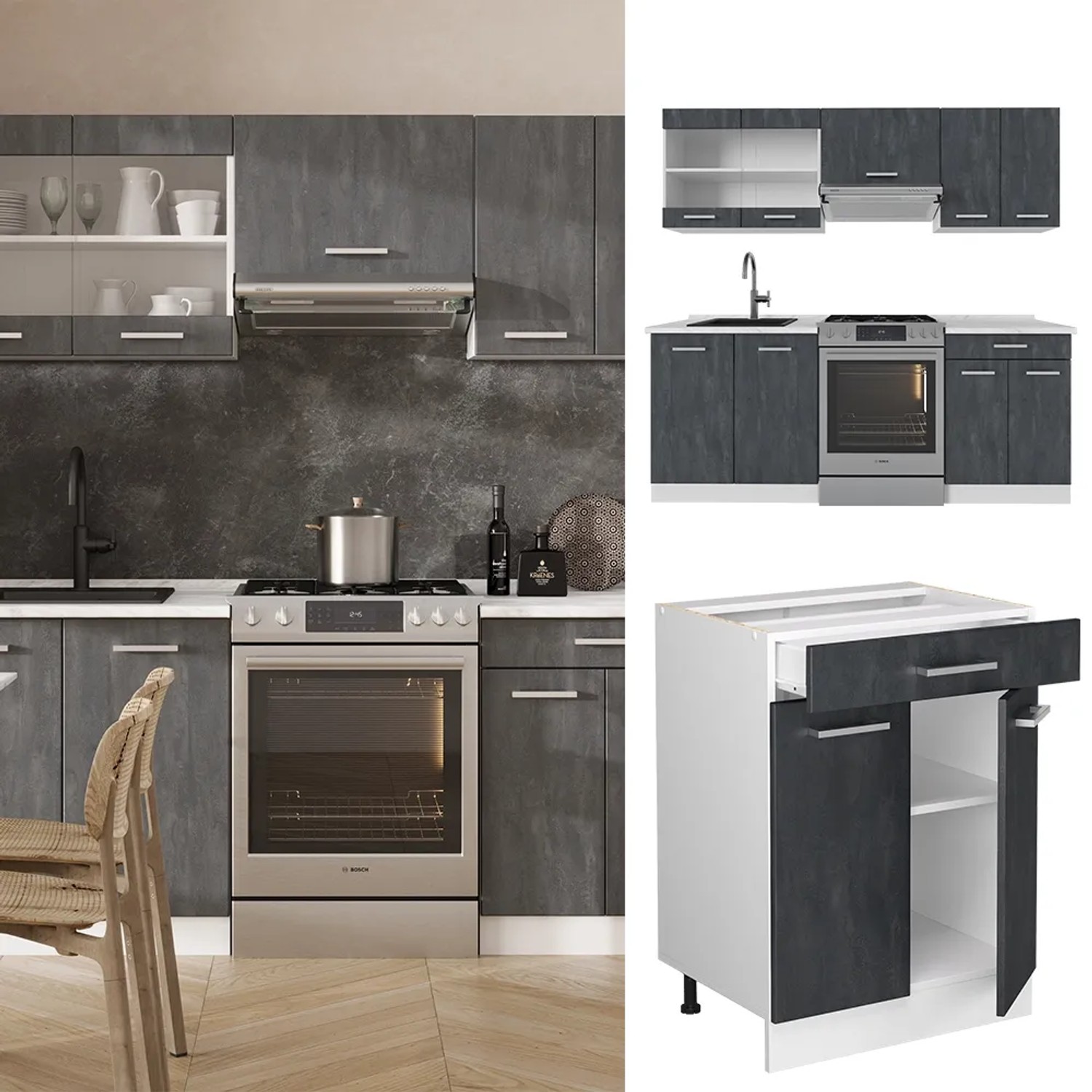 Vicco R-Line Küchenzeile, 200 cm, Schwarz Beton/Weiß, ohne Arbeitsplatte.