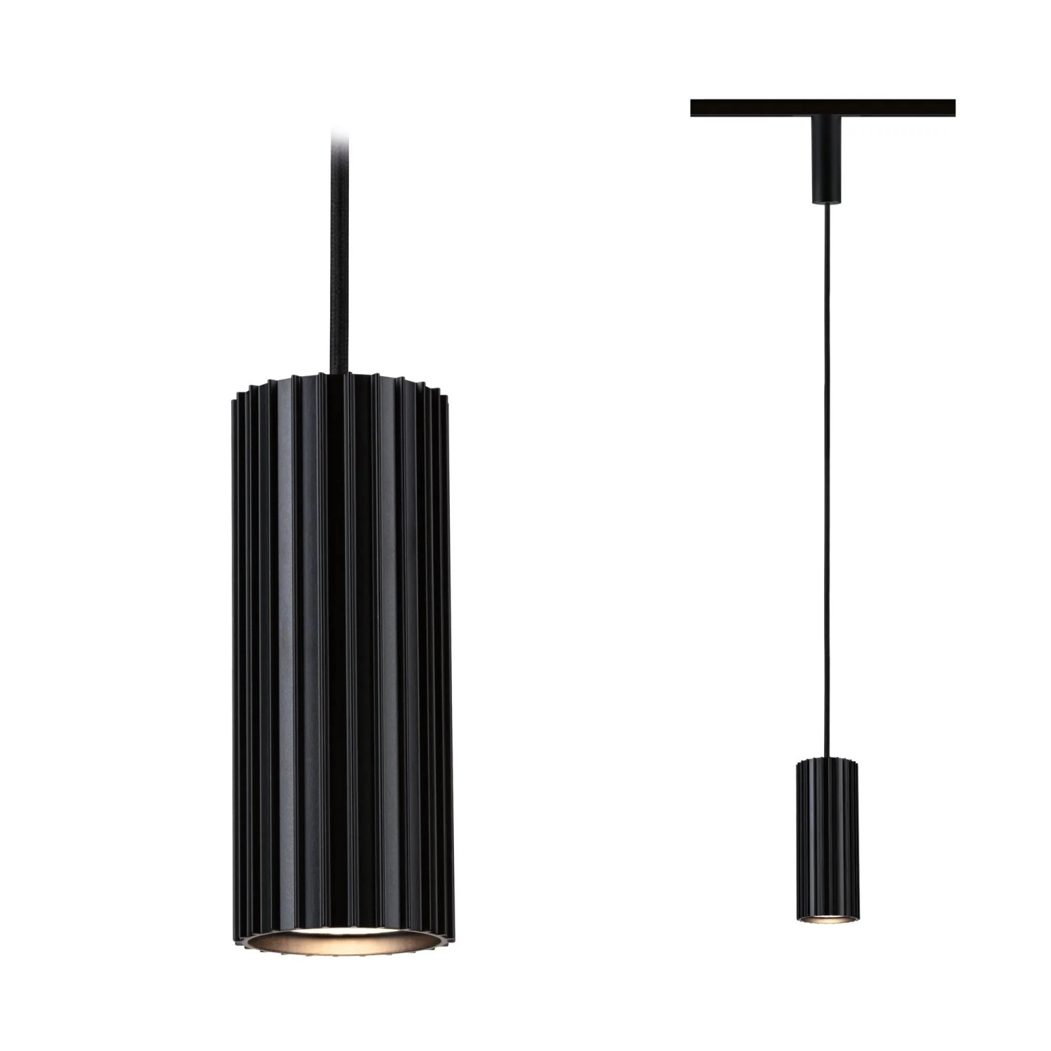 Paulmann Pendel Lirena URail, schwarz matt, Ø 6 cm. Zylindrische LED-Pendelleuchte mit Lamellenoptik.