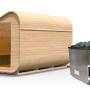 Karibu Fasssauna-Set Asymmetrisch 3 naturbelassen mit Ofen und externer Steuerung.