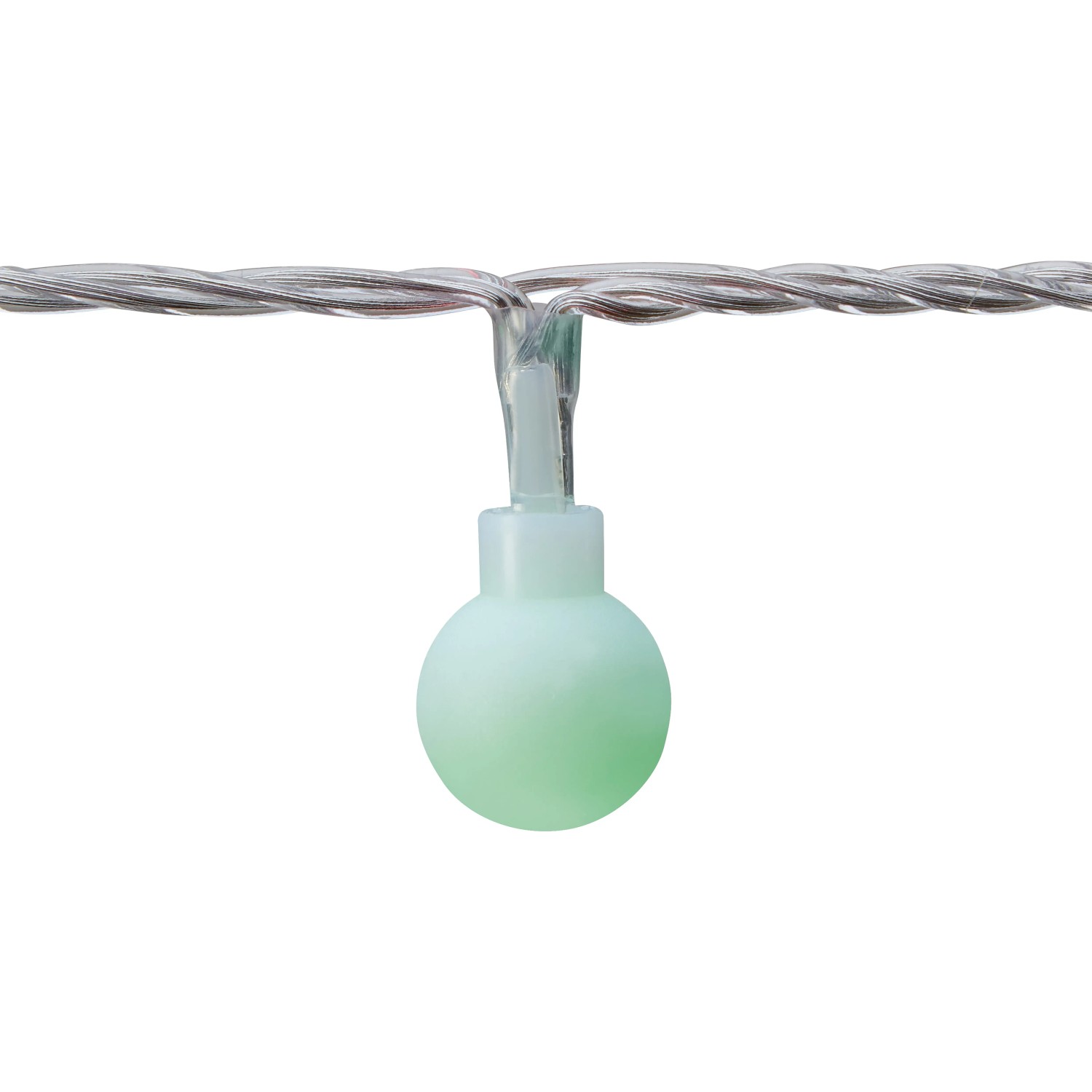 Nahaufnahme: LED Lichterkette Multicolor, eine einzelne grüne Kugel leuchtet.