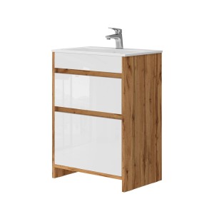 Vicco Badmöbel-Set Detmold Eiche/Weiß, 2-teilig mit Unterschrank (60cm) und Waschbecken.