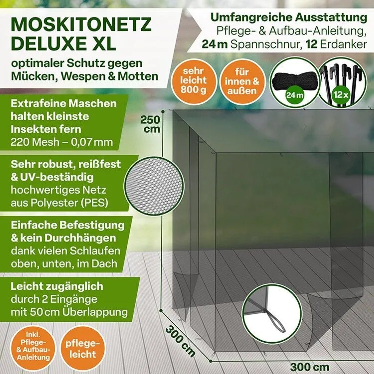 Schwarzes Moskitonetz DELUXE XL 300x300x250cm für Betten, Terrassen und mehr. Insektenschutz mit 0,07mm Maschenweite.