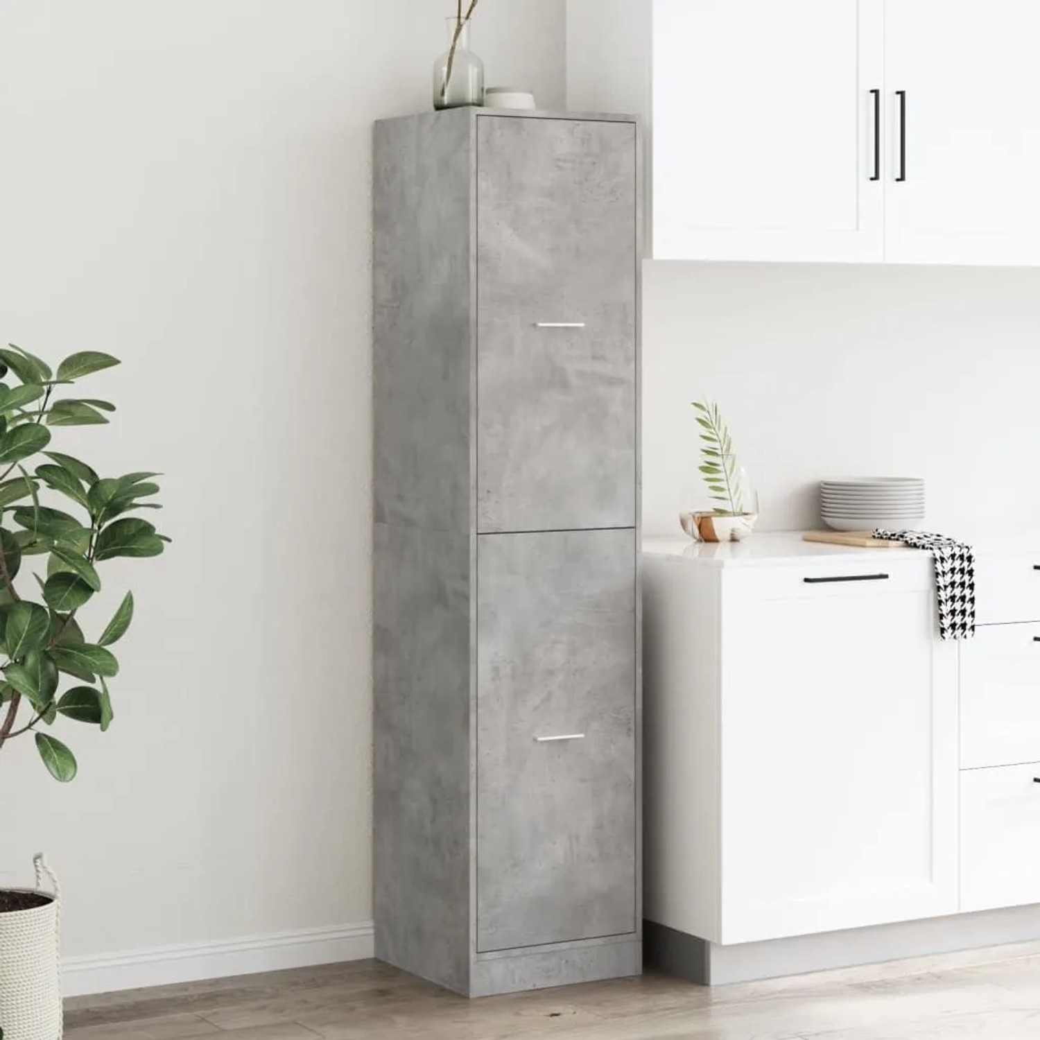 vidaXL Apothekerschrank, Betongrau, 174,5cm hoch, Holzwerkstoff. Wohnzimmerschrank mit 4 Schubladen.