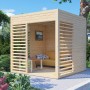 Bertilo Pavillon Garten-Lounge aus Holz, 234x226 cm, mit Lamellenwand im Garten.