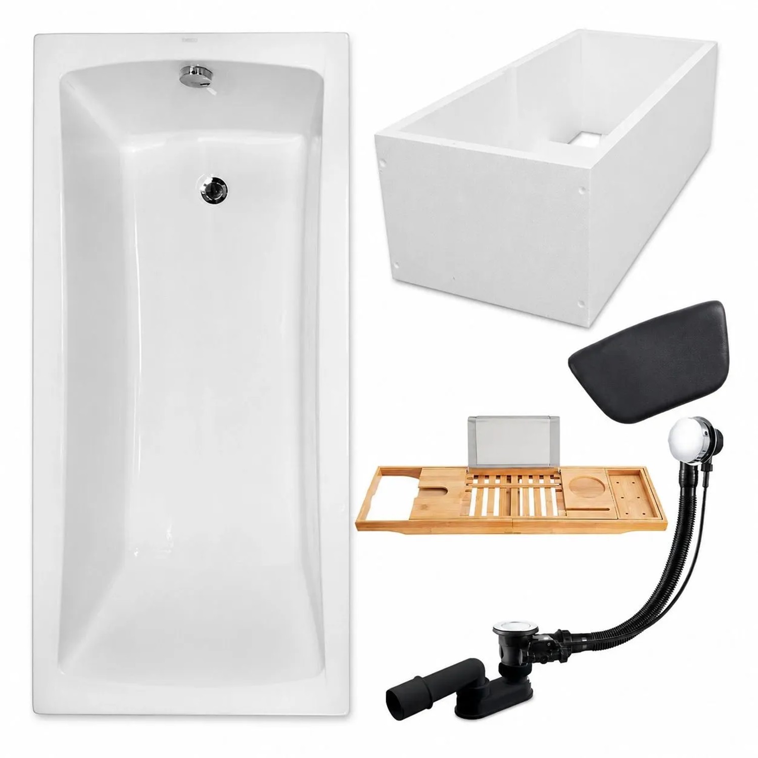 KOLMAN Badewanne Rechteck 140 x 70 Cm Mit Wannenträger Mit Bambus Badewannenablage Mit Kopfstütze KODI Inkl. Ablauf Und Füße
