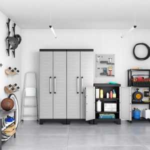 Keter Detroit Kunststoffschrank niedrig, hellgrau, mit Alu-Griffen. Regalsystem für Garage oder Keller.