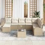 Beige-weißes 9-tlg. vidaXL Garten-Sofa-Set aus Poly Rattan mit Tisch und Kissen.