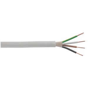 Graue Mantelleitung NYM-J 4 x 1,5 mm² mit fünf Adern für Feuchträume.