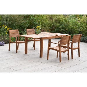 Merxx Batavia 5-tlg. Gartenmöbel-Set mit Ausziehtisch und 4 Stapelsesseln aus Akazienholz.