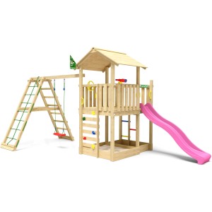 Jungle Gym Spielturm Chateau mit Schaukel, Kletterbock und Rutsche in Fuchsia.
