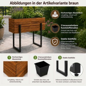 MCW Hochbeet aus Akazienholz mit schwarzen Metallfüßen, bepflanzt auf Terrasse. Inkl. 3 Einsätze, höhenverstellbar.