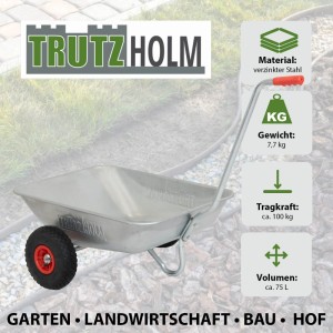 TRUTZHOLM Schubkarre, Einhandkarre mit Luftreifen, 75L Volumen, 100kg Traglast.