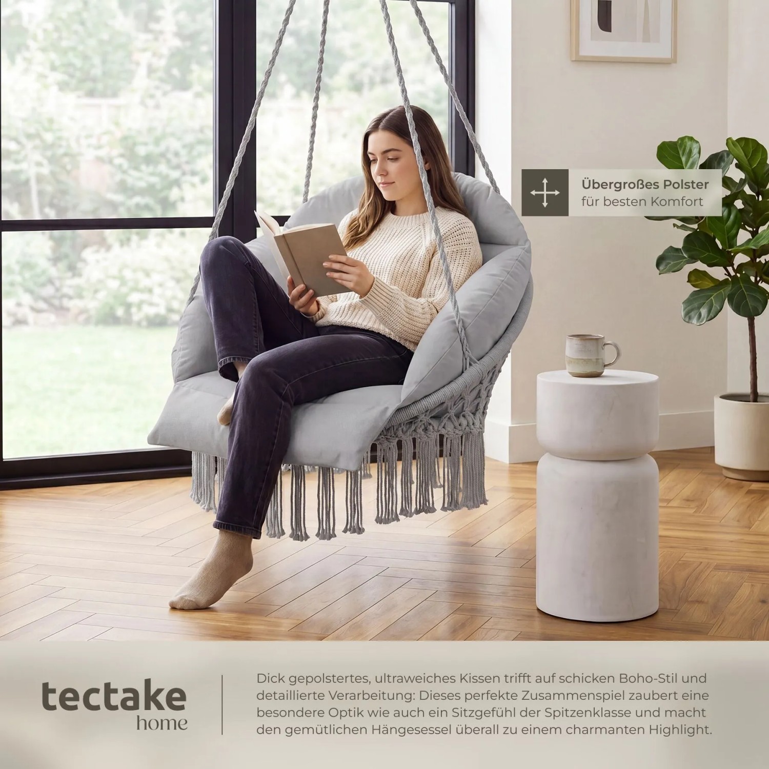 Tectake Hängesessel Samira Mit Dickem Sitzkissen Stabile Halteseile  81 x 80 x 139 cm Grau_5