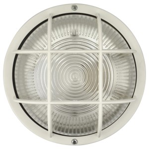 Weiße e2 elektro LED-Rundleuchte mit Kunststoffkorb, Ø 18,5 cm, für Keller und mehr.