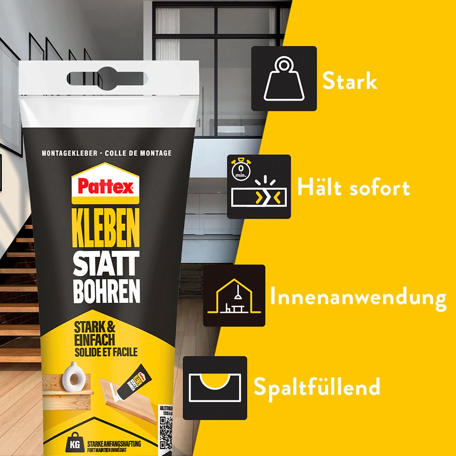 Pattex Montagekleber, Kleben statt Bohren, 250g Tube, weiß. Kraftkleber für Montagearbeiten.